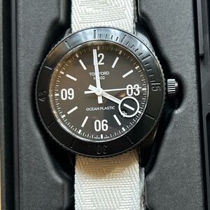 Tom Ford Ocean Plastics Automatic Watch With 43mm Black Face & White Fabric Band